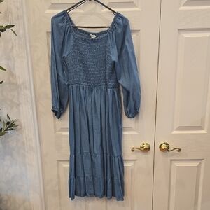 Terra & Sky Light Blue Smocked Midi Dress with Long Sleeves